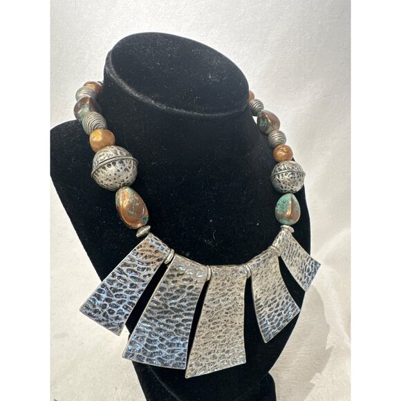 Vintage VCLM Hammered Silver Statement Necklace W/ Beaded Accents Tribal Design - Picture 2 of 5